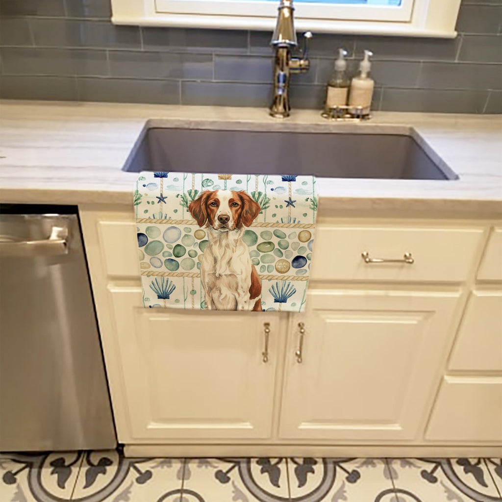 Liver and White Brittany Coastal Sea Glass Kitchen Towel Velour Plush Front and Cotton Loop Back Machine Washable