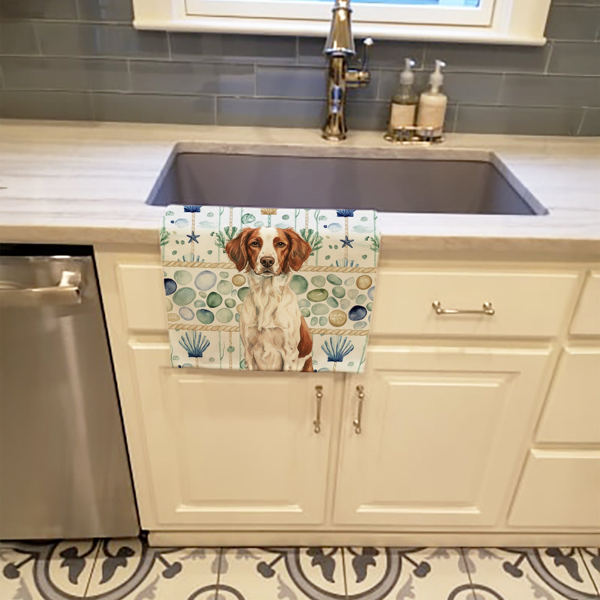 Liver and White Brittany Coastal Sea Glass Kitchen Towel Velour Plush Front and Cotton Loop Back Machine Washable