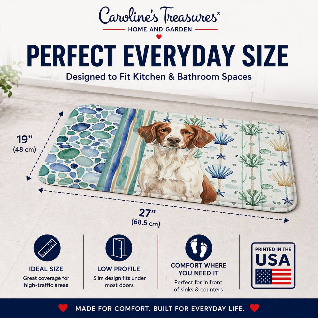 Liver and White Brittany Coastal Sea Glass Memory Foam Kitchen Mat Machine Washable Anti-Fatigue Cushion Comfort Bath or Kitchen Rug