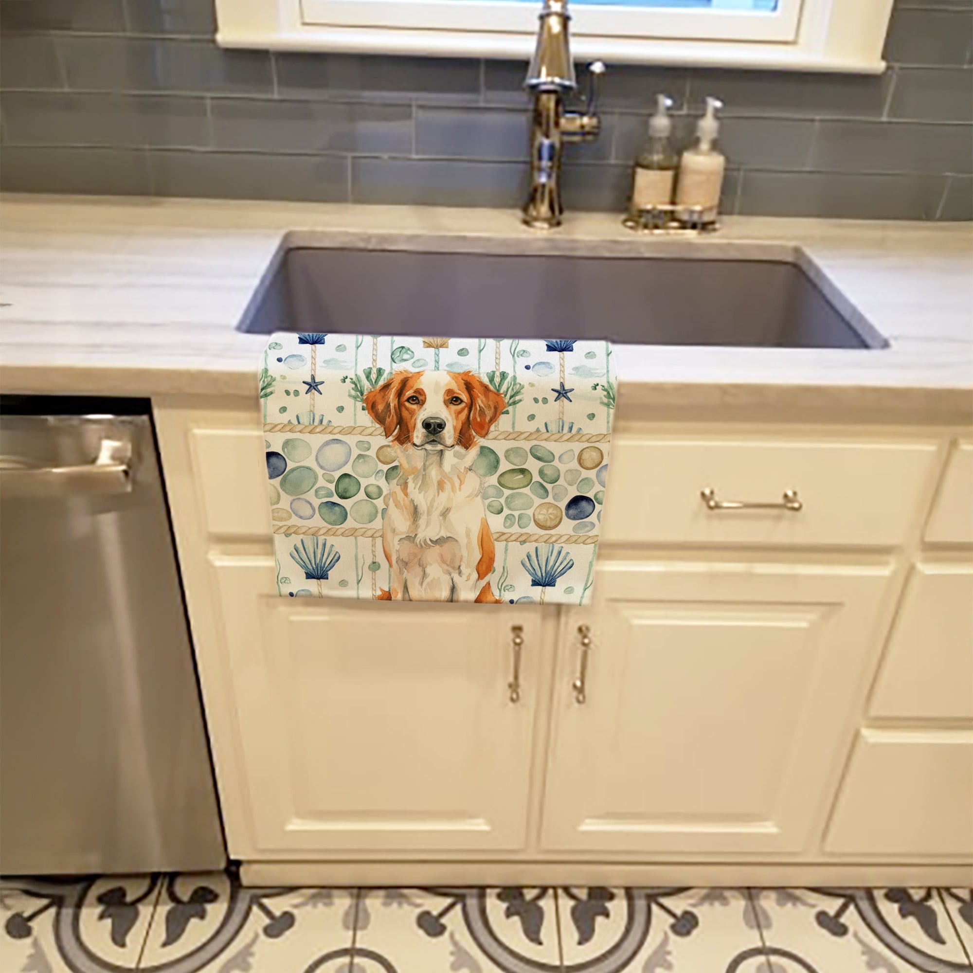 Orange and White Brittany Coastal Sea Glass Kitchen Towel Velour Plush Front and Cotton Loop Back Machine Washable