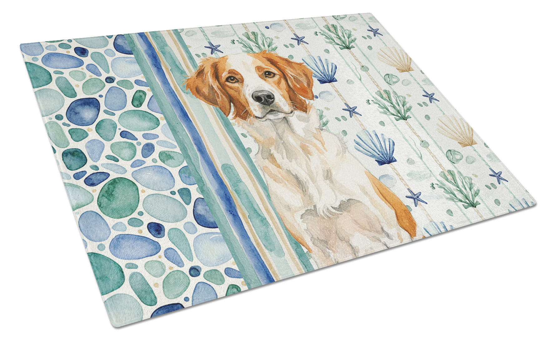 Orange and White Brittany Coastal Sea Glass Cutting Board Tempered Glass Kitchen Cutting Surface, Heat Resistant Chopping, Non-Slip Feet, Food Prep & Serving