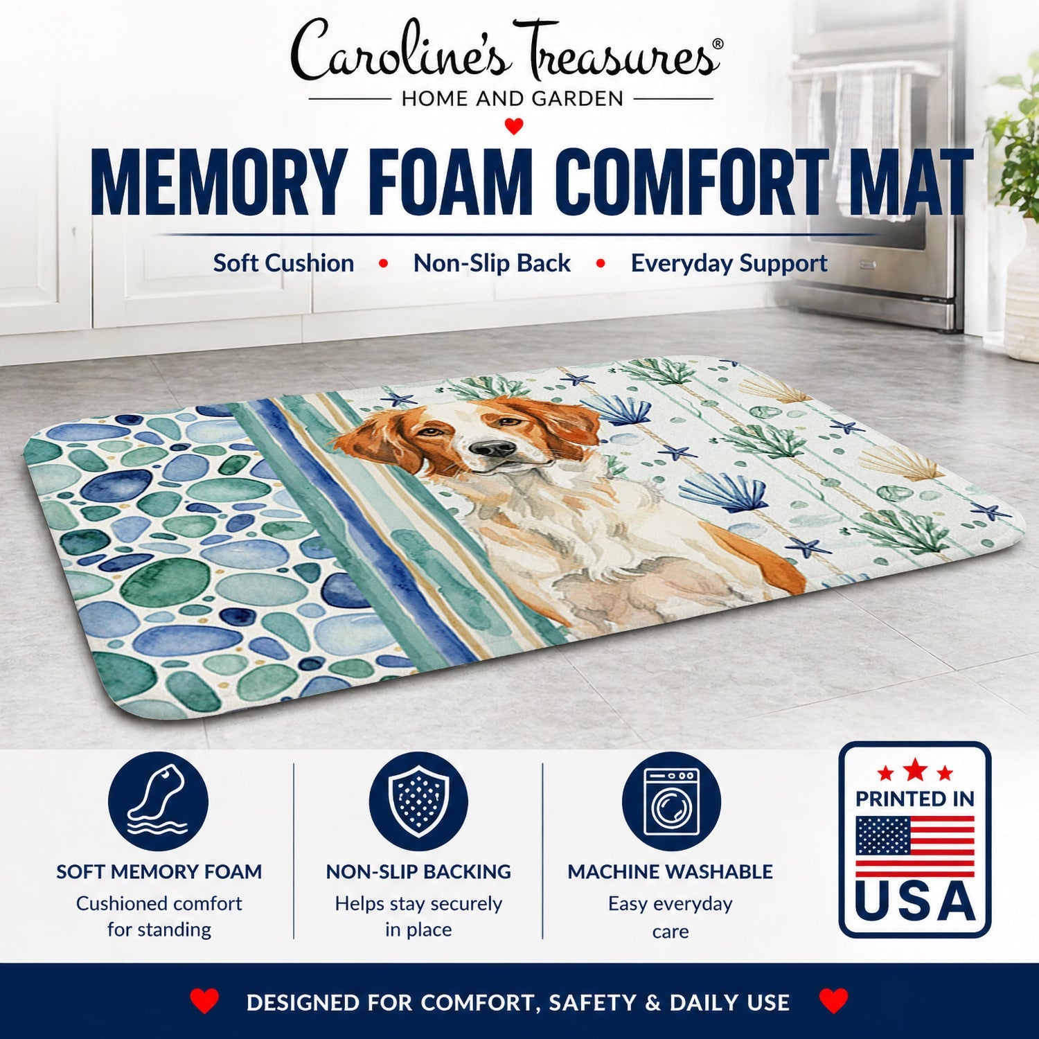 Orange and White Brittany Coastal Sea Glass Memory Foam Kitchen Mat Machine Washable Anti-Fatigue Cushion Comfort Bath or Kitchen Rug