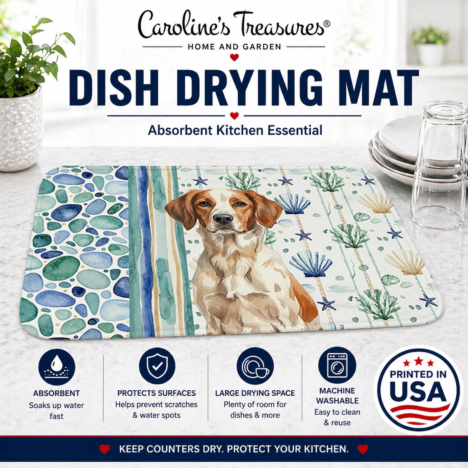 Roan Brittany Coastal Sea Glass Dish Drying Mat Absorbent Dish Drying Mat Pad for Kitchen Counter Dish Drainer Mat for Countertop, 14 x 21", Multicolor