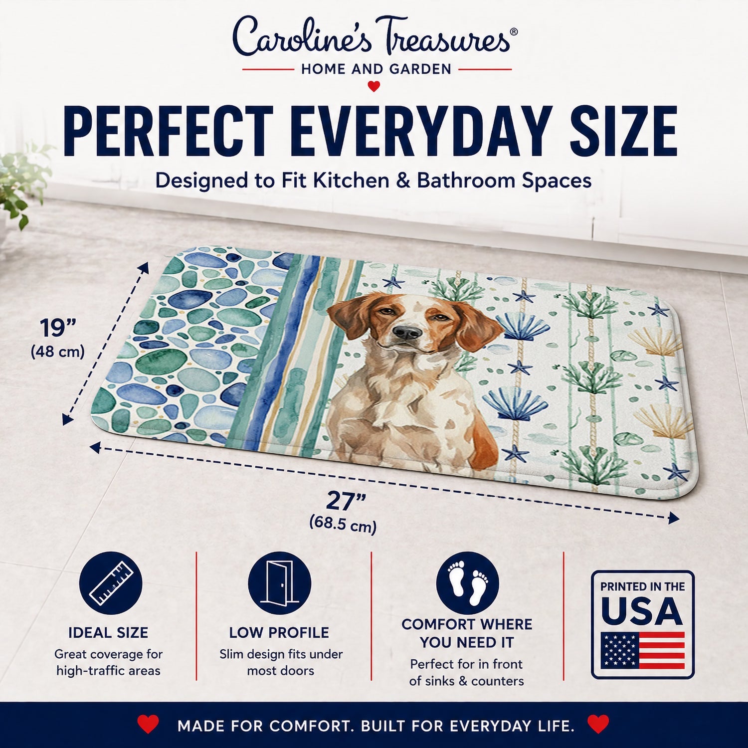Roan Brittany Coastal Sea Glass Memory Foam Kitchen Mat Machine Washable Anti-Fatigue Cushion Comfort Bath or Kitchen Rug