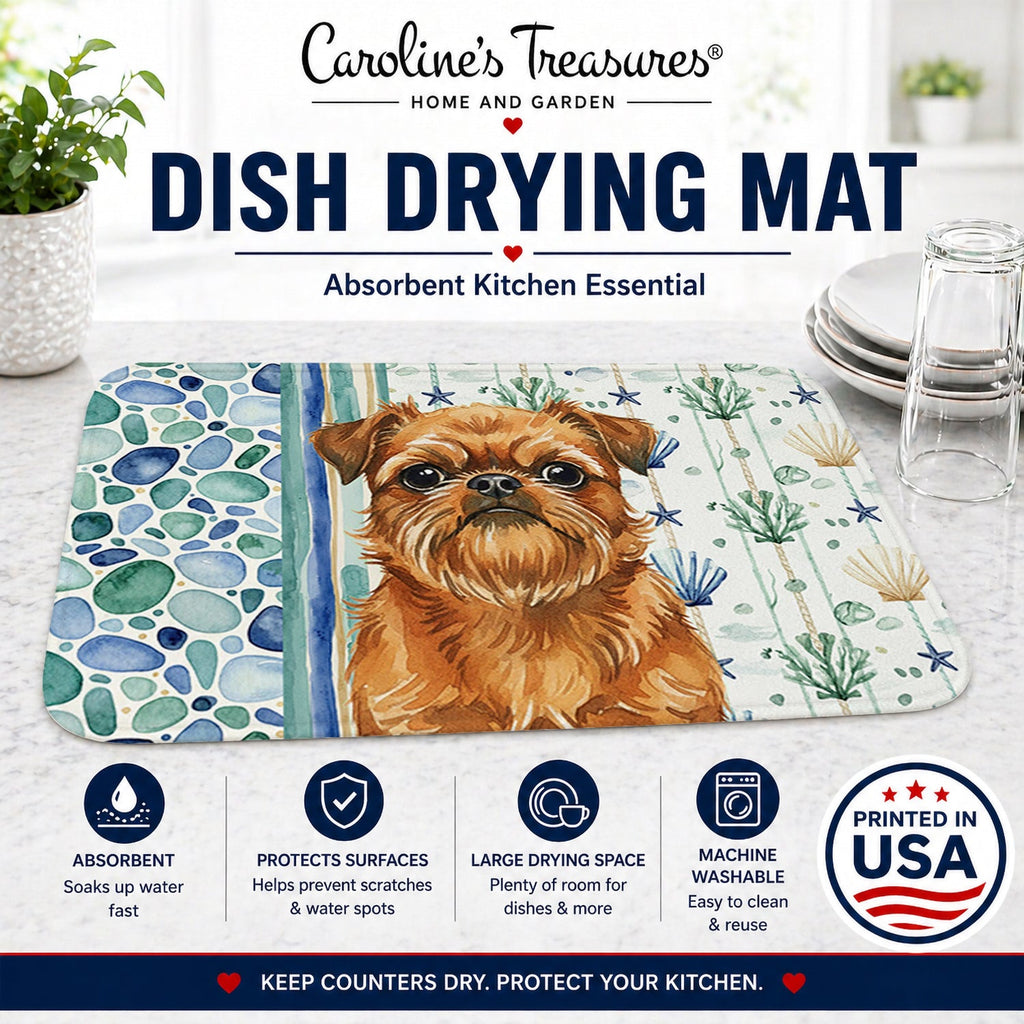 Belge Brussels Griffon Coastal Sea Glass Dish Drying Mat Absorbent Dish Drying Mat Pad for Kitchen Counter Dish Drainer Mat for Countertop, 14 x 21", Multicolor