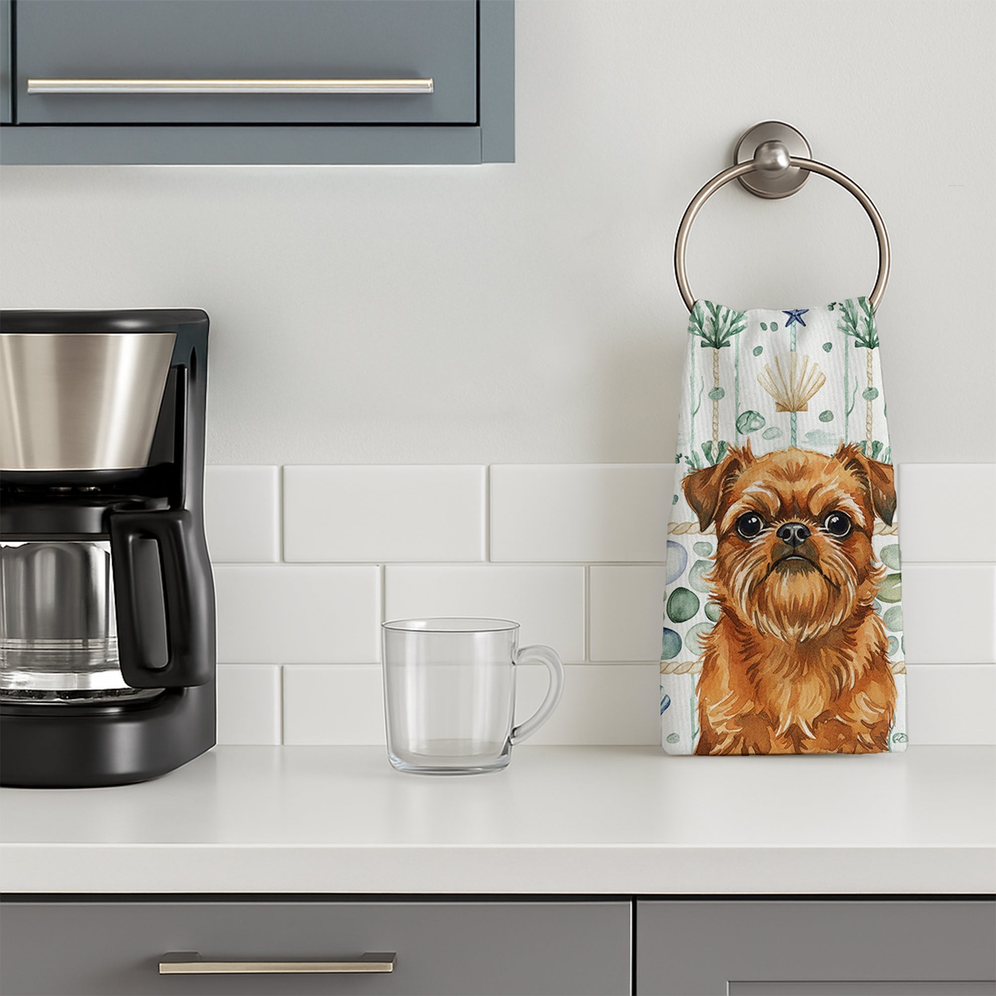Belge Brussels Griffon Coastal Sea Glass Kitchen Towel Velour Plush Front and Cotton Loop Back Machine Washable