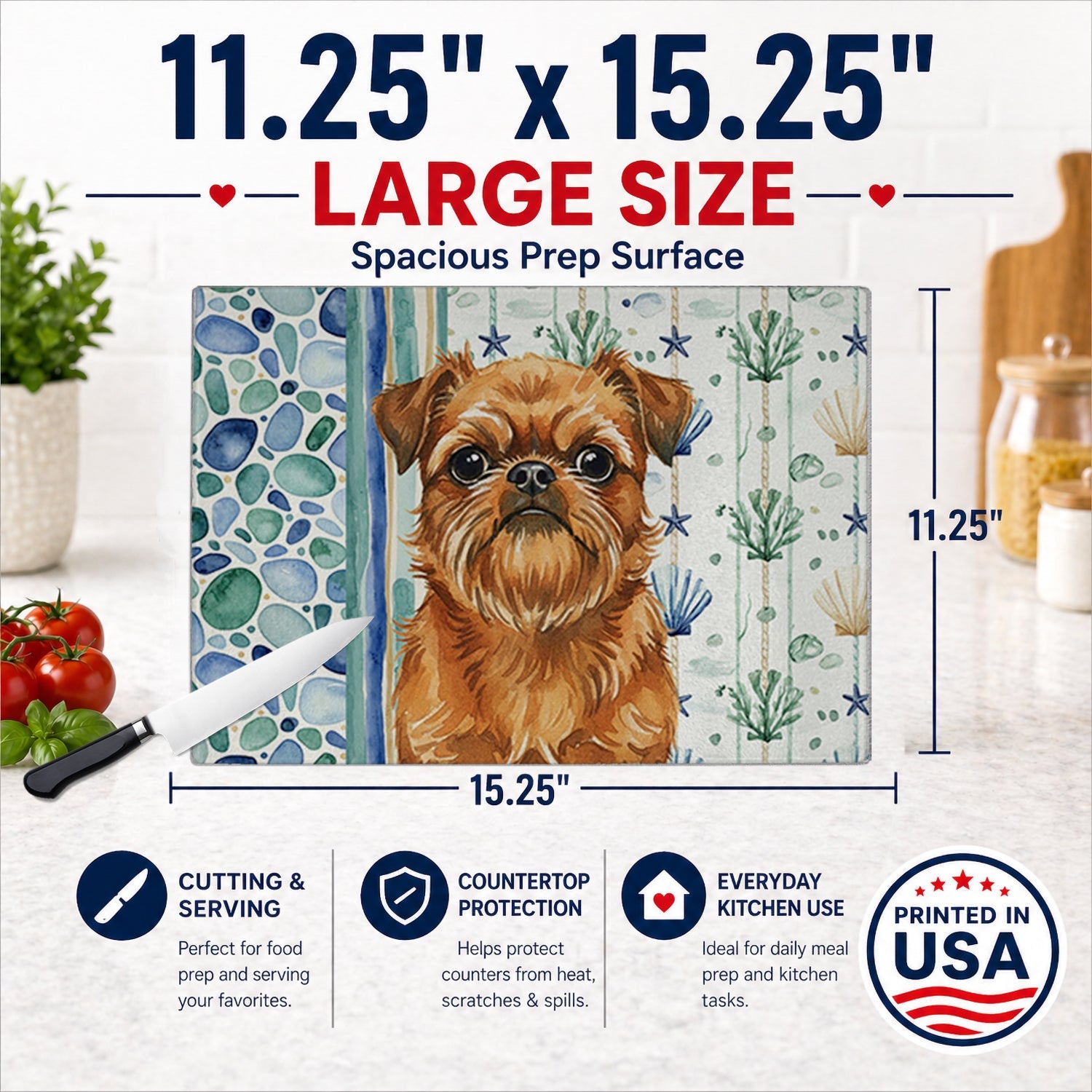 Belge Brussels Griffon Coastal Sea Glass Cutting Board Tempered Glass Kitchen Cutting Surface, Heat Resistant Chopping, Non-Slip Feet, Food Prep & Serving
