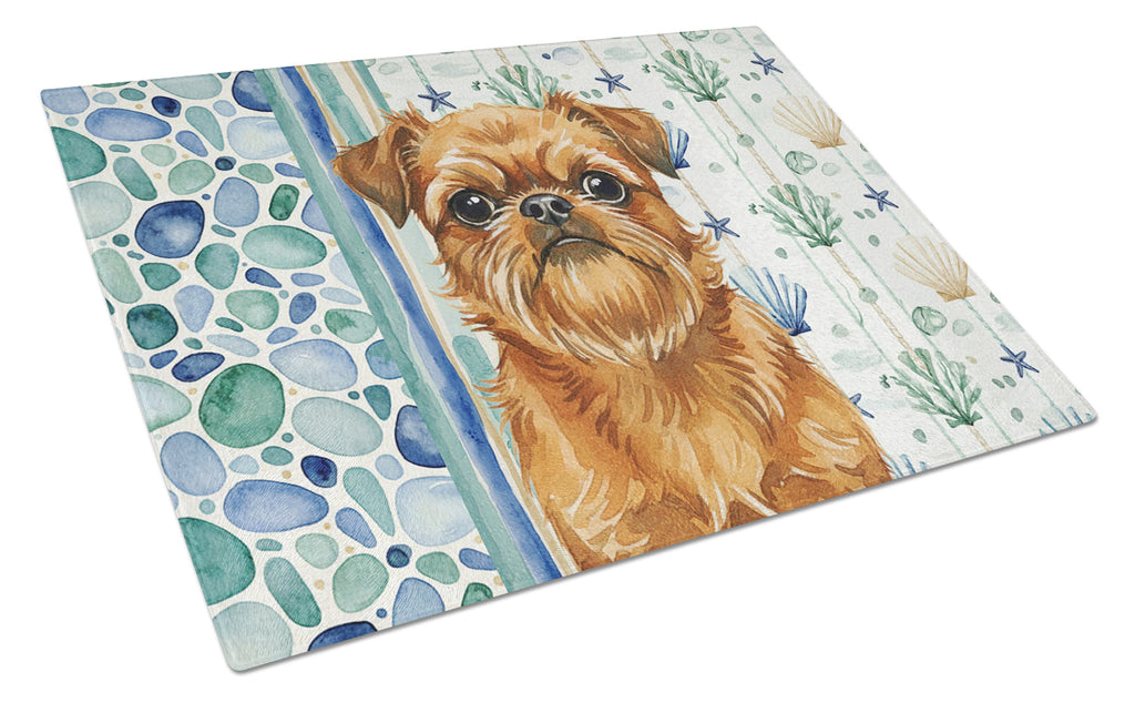 Belge Brussels Griffon Coastal Sea Glass Cutting Board Tempered Glass Kitchen Cutting Surface, Heat Resistant Chopping, Non-Slip Feet, Food Prep & Serving