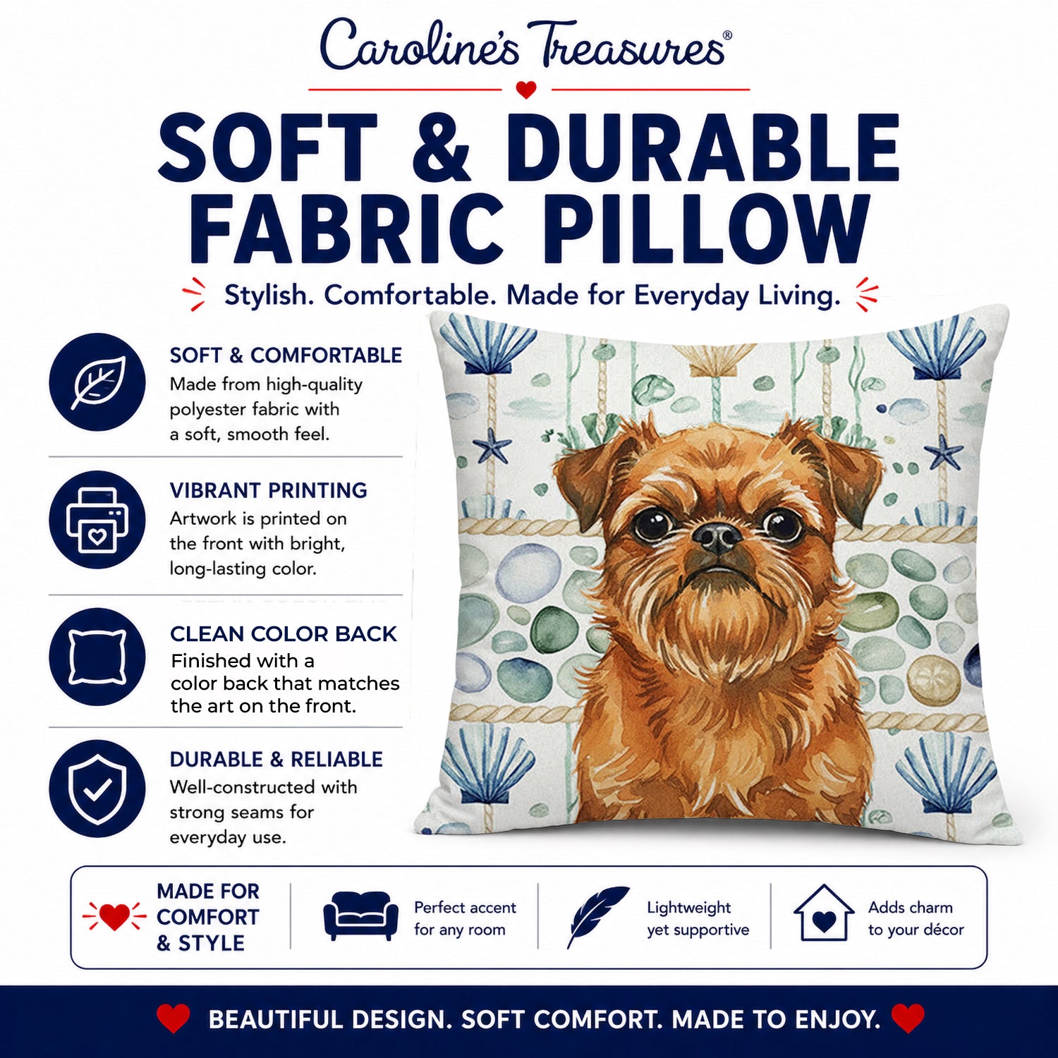 Belge Brussels Griffon Coastal Sea Glass Decorative Throw Pillow 14x14 Indoor Outdoor Accent Cushion, Fabric Cover with Insert for Sofa, Bed, Porch & Living Room