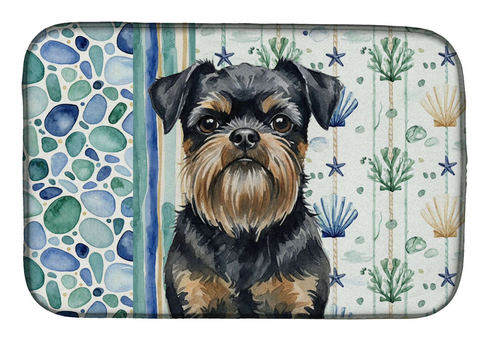 Black and Tan Brussels Griffon Coastal Sea Glass Dish Drying Mat Absorbent Dish Drying Mat Pad for Kitchen Counter Dish Drainer Mat for Countertop, 14 x 21", Multicolor