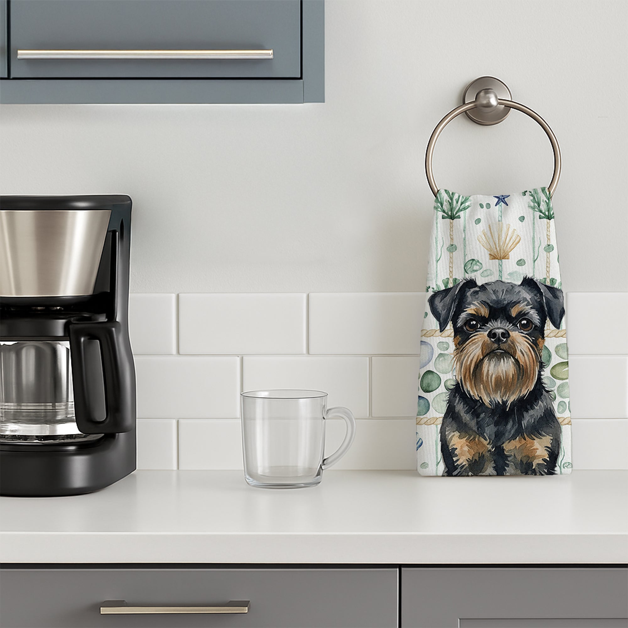 Black and Tan Brussels Griffon Coastal Sea Glass Kitchen Towel Velour Plush Front and Cotton Loop Back Machine Washable