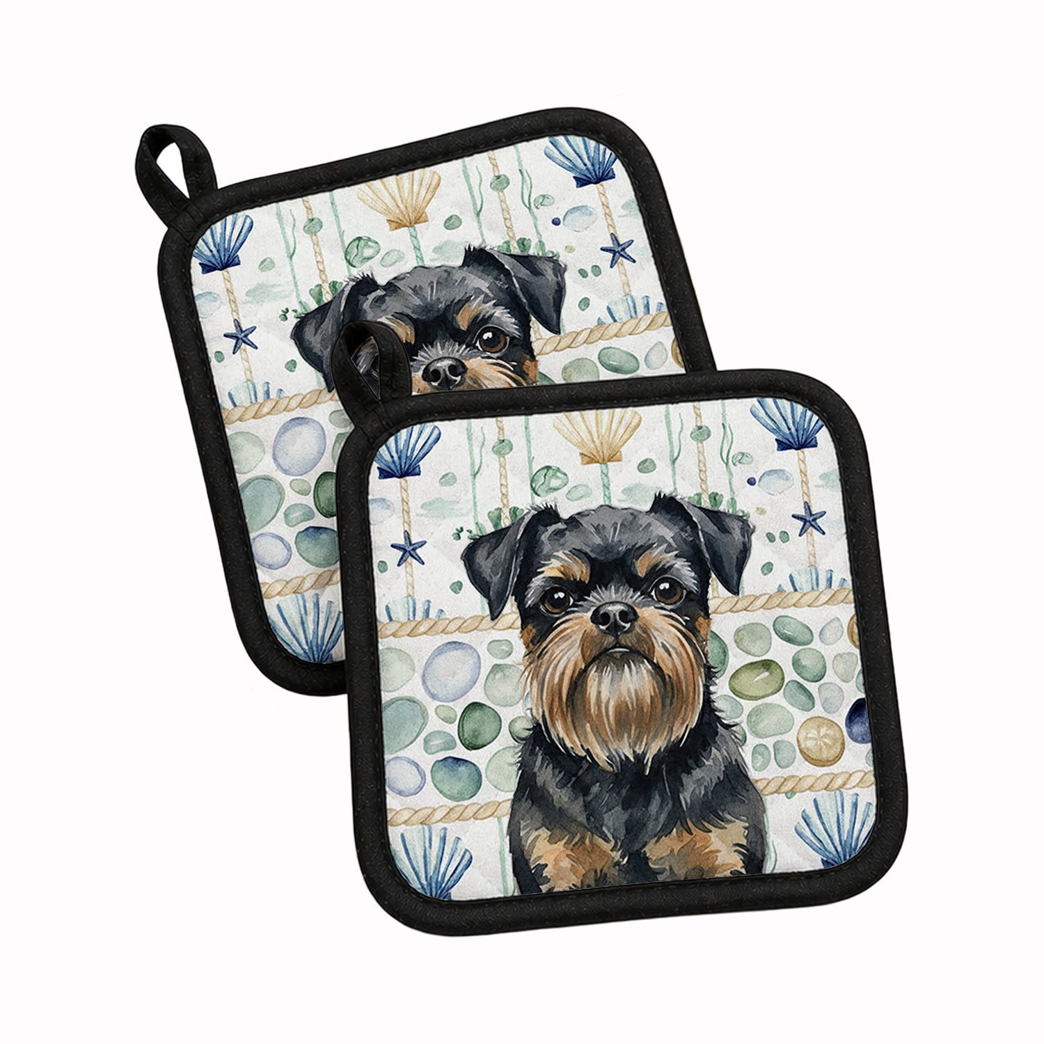 Black and Tan Brussels Griffon Coastal Sea Glass Pot Holder Set of 2 Heat Resistant Quilted Hot Pads 7.5 x 7.5 Inch, Insulated Kitchen Trivets for Cooking & Baking