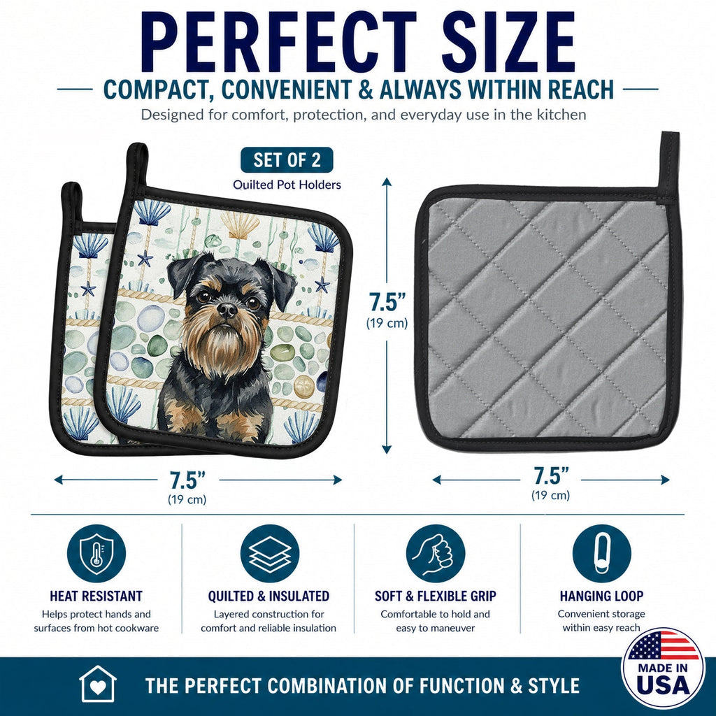 Black and Tan Brussels Griffon Coastal Sea Glass Pot Holder Set of 2 Heat Resistant Quilted Hot Pads 7.5 x 7.5 Inch, Insulated Kitchen Trivets for Cooking & Baking