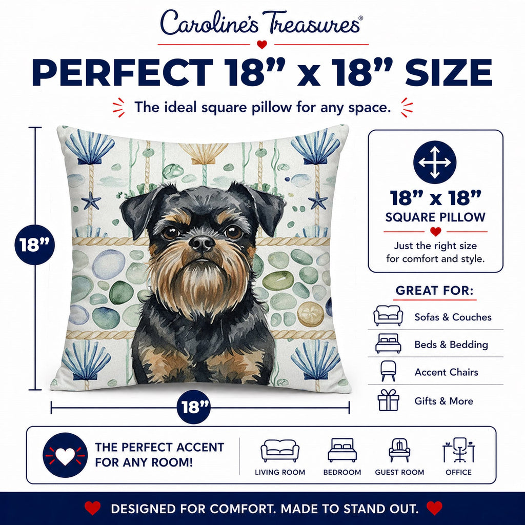 Black and Tan Brussels Griffon Coastal Sea Glass Decorative Throw Pillow 18x18 Indoor Outdoor Accent Cushion, Fabric Cover with Insert for Sofa, Bed, Porch & Living Room