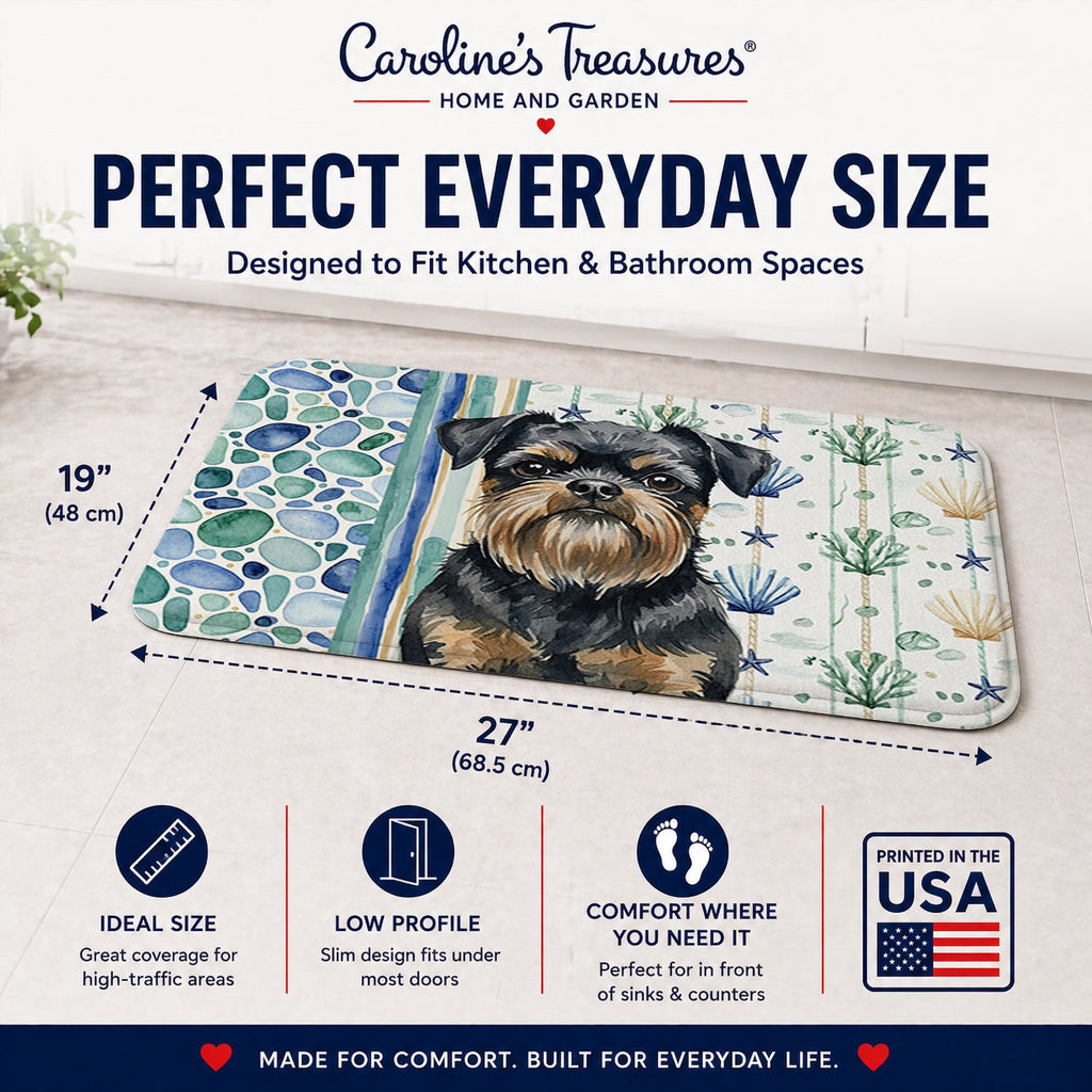 Black and Tan Brussels Griffon Coastal Sea Glass Memory Foam Kitchen Mat Machine Washable Anti-Fatigue Cushion Comfort Bath or Kitchen Rug