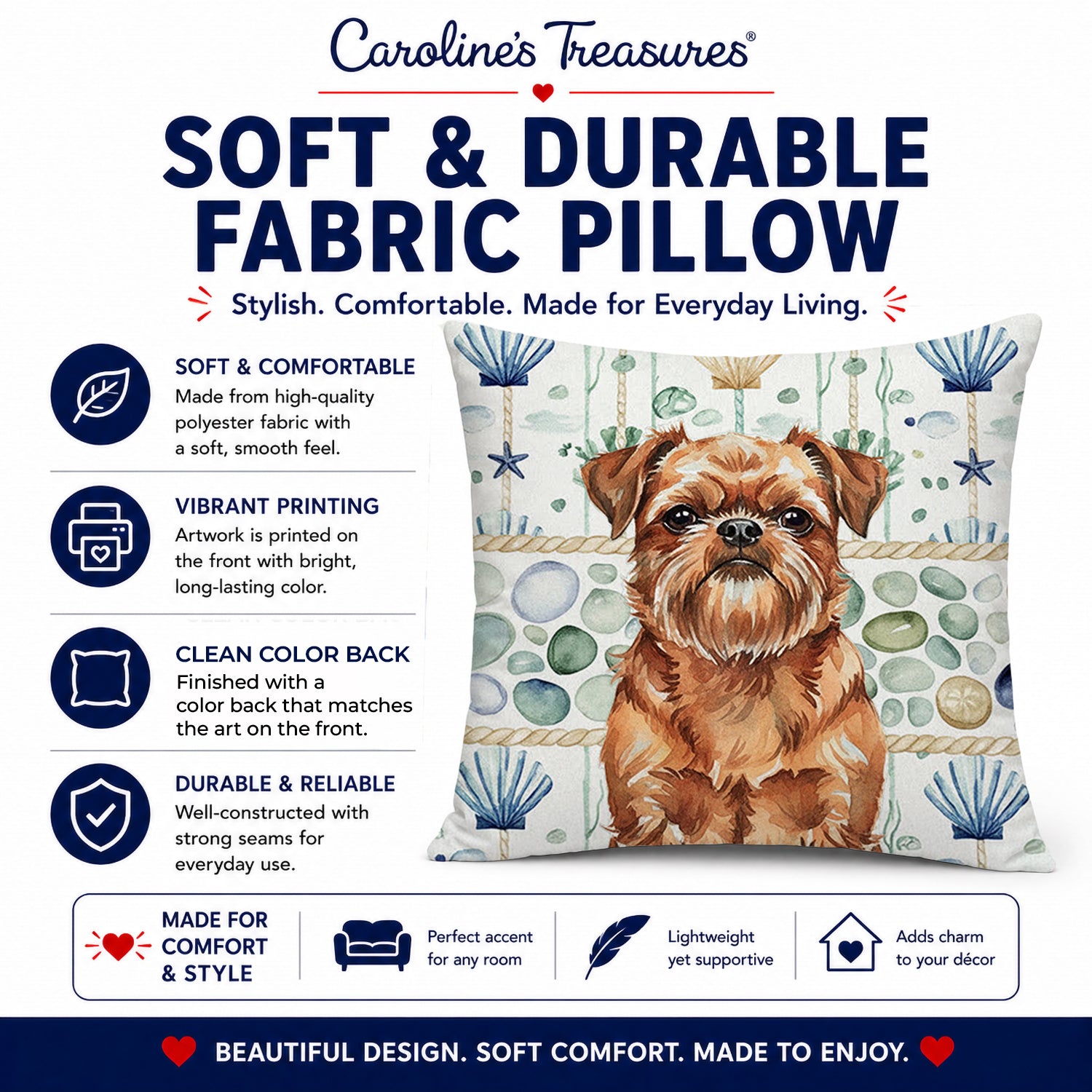 Red Brussels Griffon Coastal Sea Glass Decorative Throw Pillow 14x14 Indoor Outdoor Accent Cushion, Fabric Cover with Insert for Sofa, Bed, Porch & Living Room