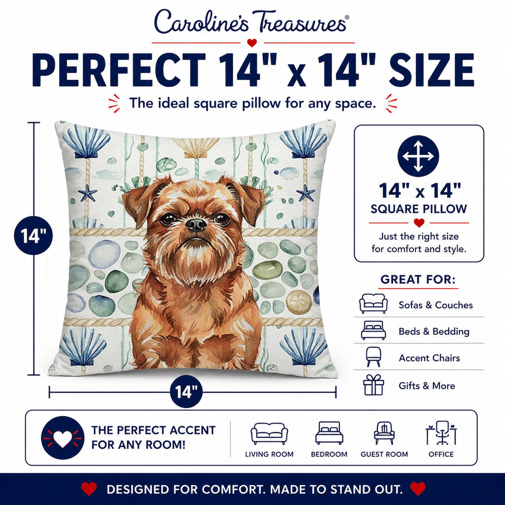 Red Brussels Griffon Coastal Sea Glass Decorative Throw Pillow 14x14 Indoor Outdoor Accent Cushion, Fabric Cover with Insert for Sofa, Bed, Porch & Living Room
