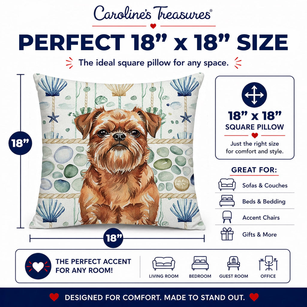 Red Brussels Griffon Coastal Sea Glass Decorative Throw Pillow 18x18 Indoor Outdoor Accent Cushion, Fabric Cover with Insert for Sofa, Bed, Porch & Living Room