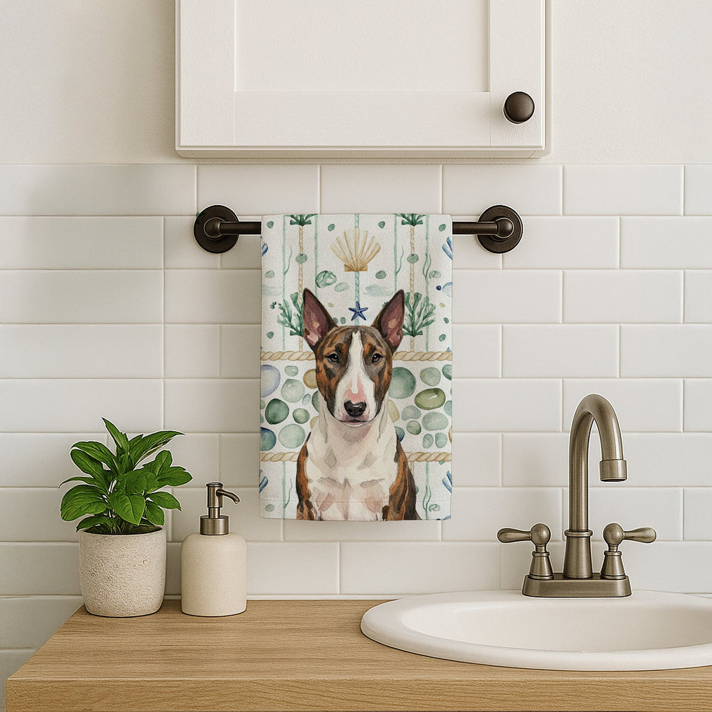 Brindle and White Bull Terrier Coastal Sea Glass Kitchen Towel Velour Plush Front and Cotton Loop Back Machine Washable