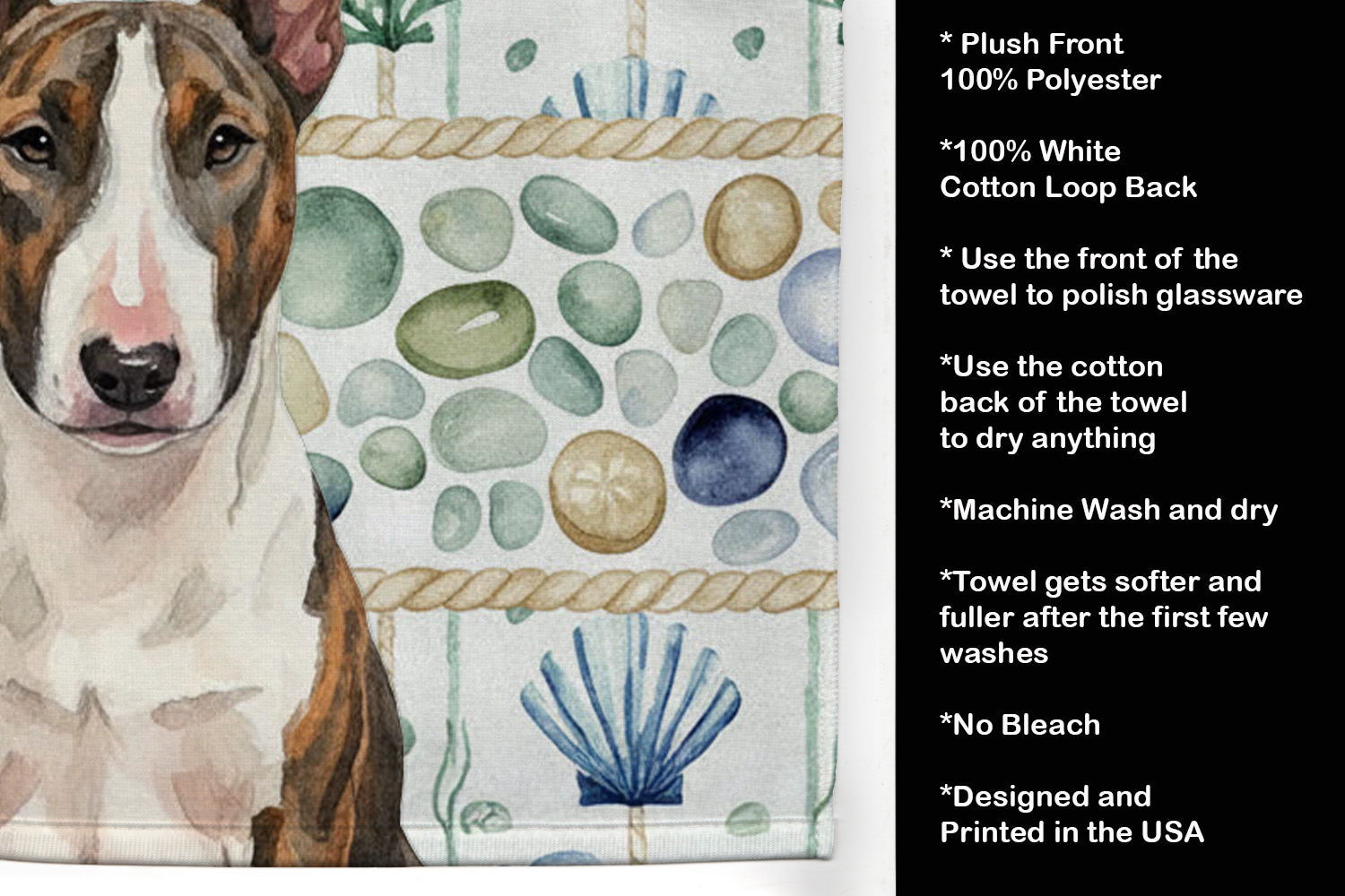 Brindle and White Bull Terrier Coastal Sea Glass Kitchen Towel Velour Plush Front and Cotton Loop Back Machine Washable