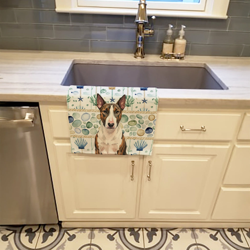 Brindle and White Bull Terrier Coastal Sea Glass Kitchen Towel Velour Plush Front and Cotton Loop Back Machine Washable