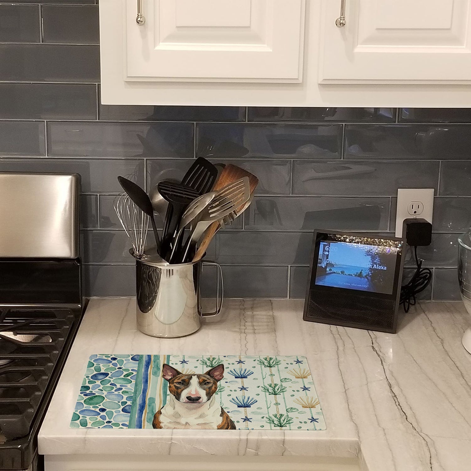 Brindle and White Bull Terrier Coastal Sea Glass Cutting Board Tempered Glass Kitchen Cutting Surface, Heat Resistant Chopping, Non-Slip Feet, Food Prep & Serving