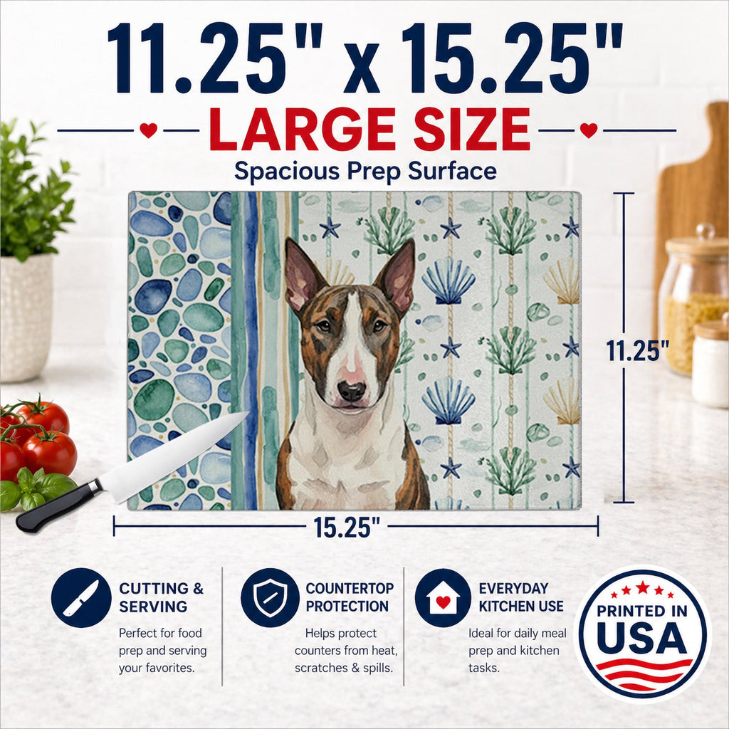 Brindle and White Bull Terrier Coastal Sea Glass Cutting Board Tempered Glass Kitchen Cutting Surface, Heat Resistant Chopping, Non-Slip Feet, Food Prep & Serving