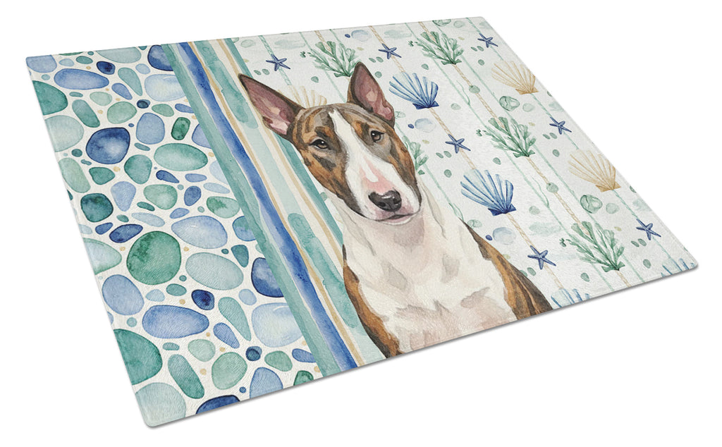 Brindle and White Bull Terrier Coastal Sea Glass Cutting Board Tempered Glass Kitchen Cutting Surface, Heat Resistant Chopping, Non-Slip Feet, Food Prep & Serving