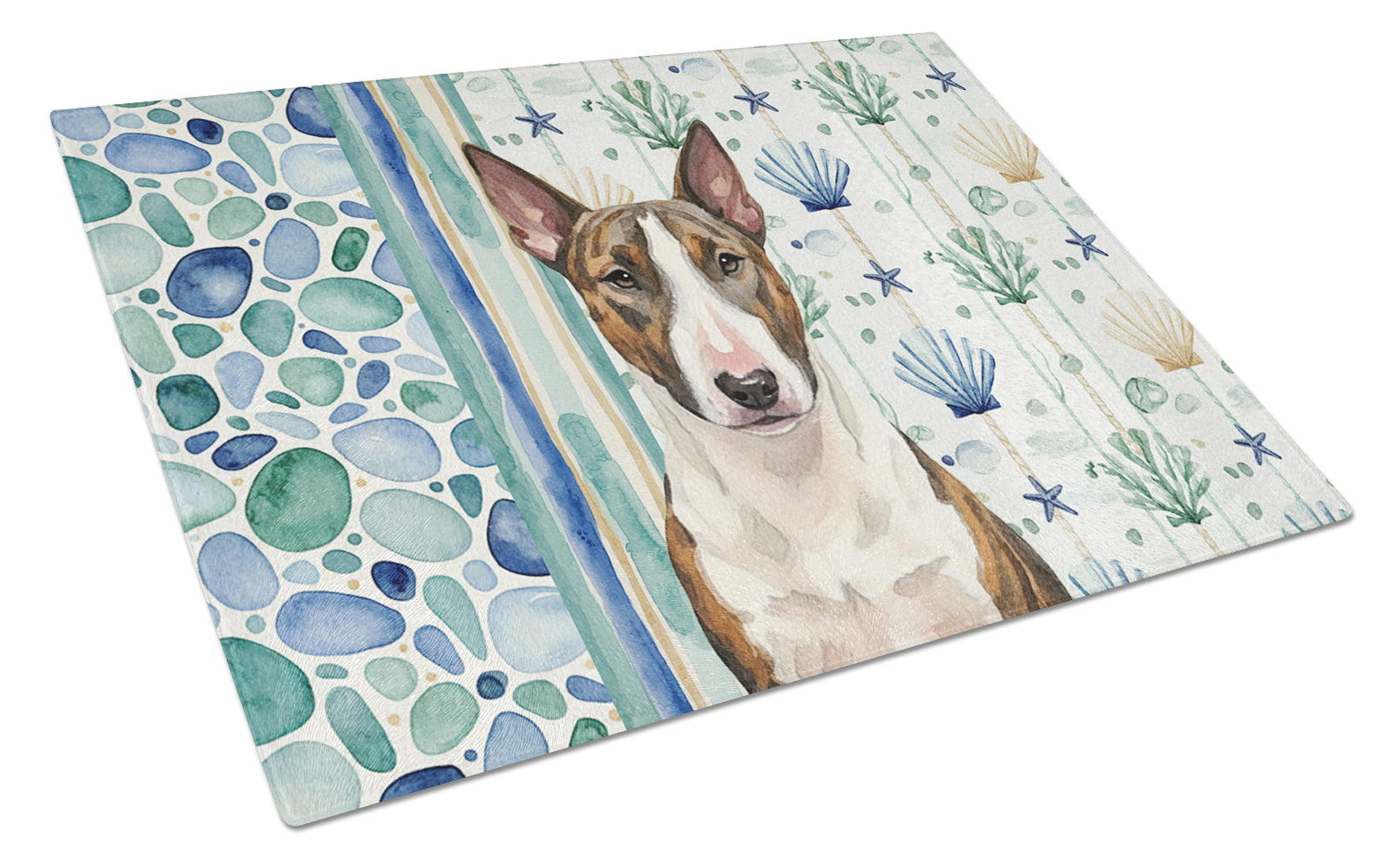 Brindle and White Bull Terrier Coastal Sea Glass Cutting Board Tempered Glass Kitchen Cutting Surface, Heat Resistant Chopping, Non-Slip Feet, Food Prep & Serving