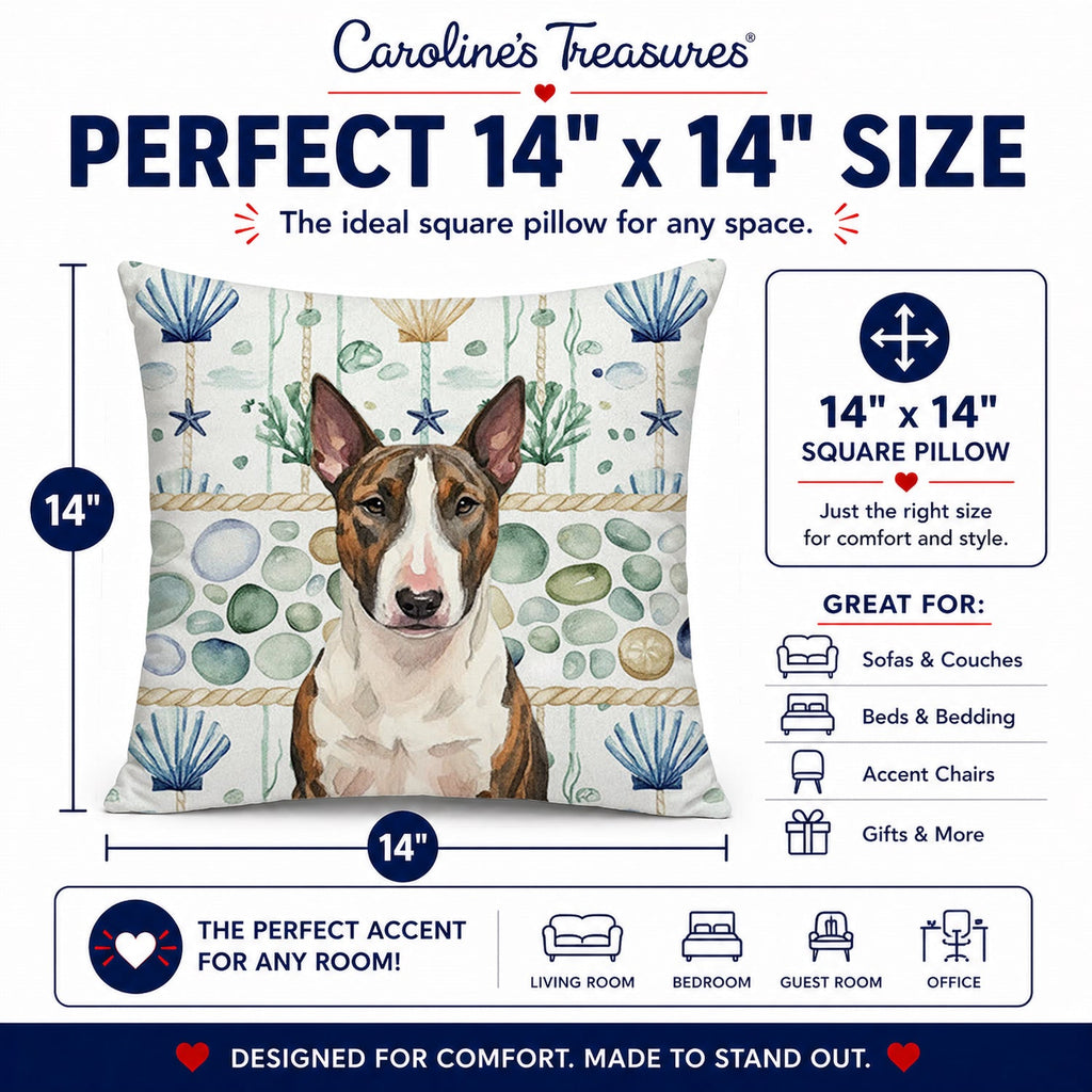 Brindle and White Bull Terrier Coastal Sea Glass Decorative Throw Pillow 14x14 Indoor Outdoor Accent Cushion, Fabric Cover with Insert for Sofa, Bed, Porch & Living Room