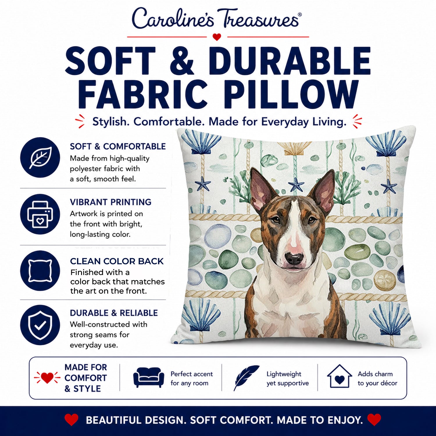 Brindle and White Bull Terrier Coastal Sea Glass Decorative Throw Pillow 18x18 Indoor Outdoor Accent Cushion, Fabric Cover with Insert for Sofa, Bed, Porch & Living Room