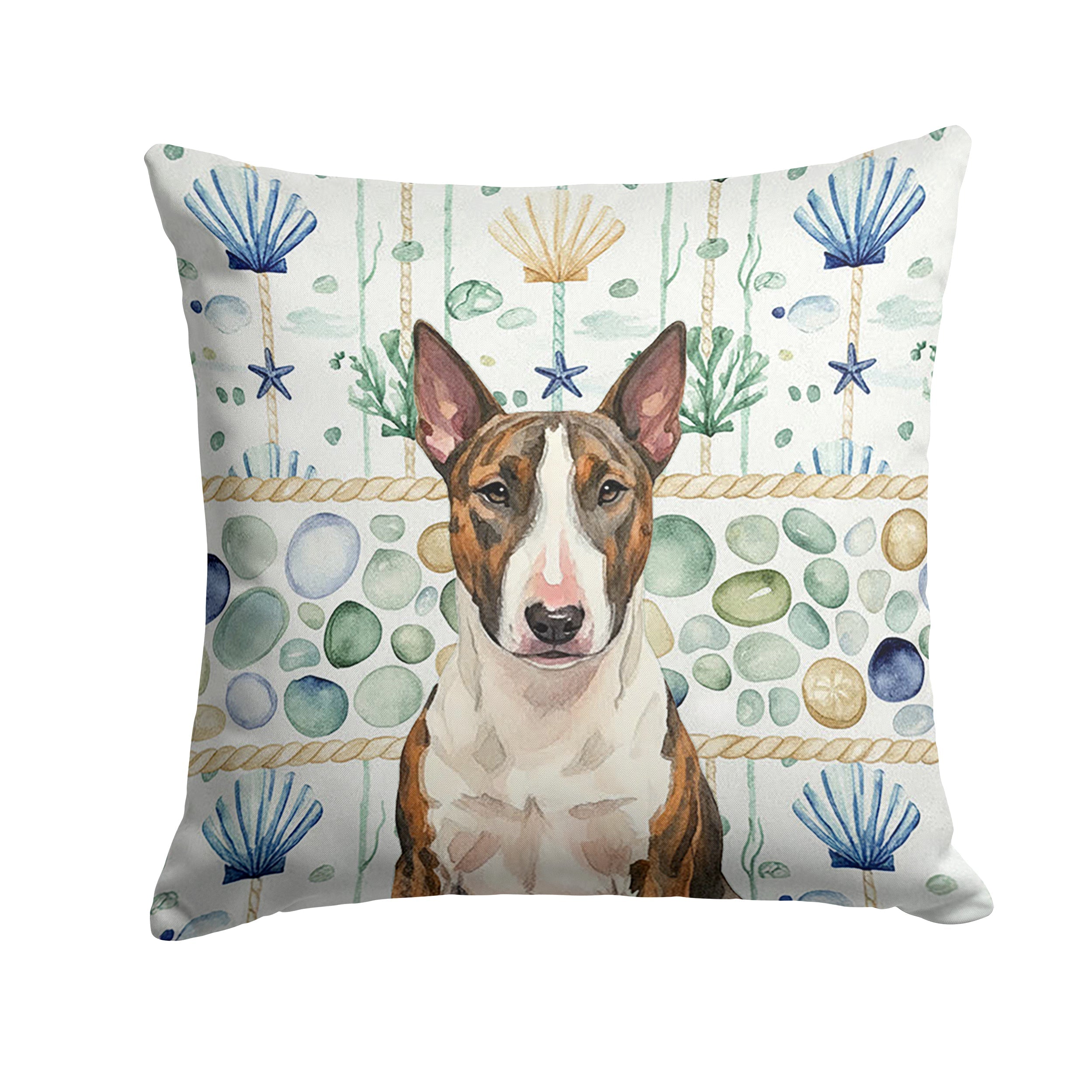 Brindle and White Bull Terrier Coastal Sea Glass Decorative Throw Pillow 18x18 Indoor Outdoor Accent Cushion, Fabric Cover with Insert for Sofa, Bed, Porch & Living Room