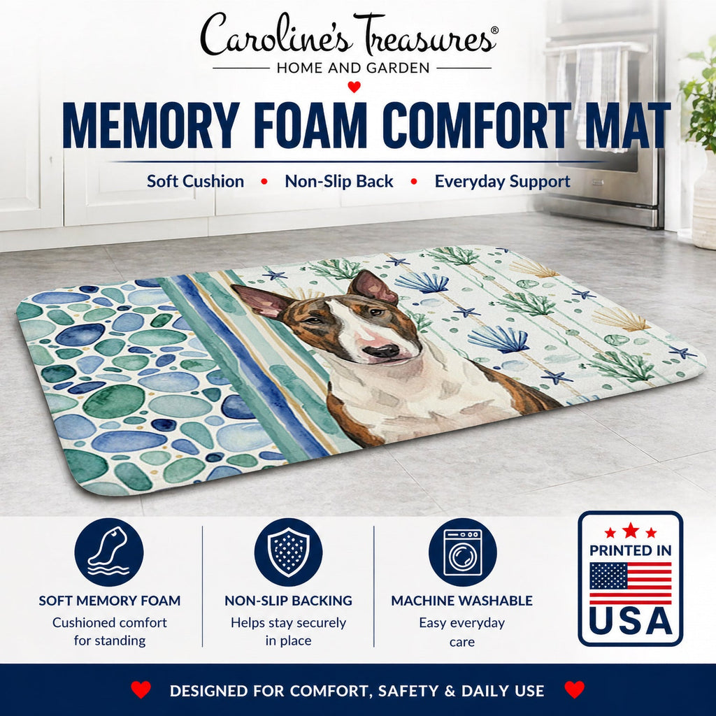 Brindle and White Bull Terrier Coastal Sea Glass Memory Foam Kitchen Mat Machine Washable Anti-Fatigue Cushion Comfort Bath or Kitchen Rug