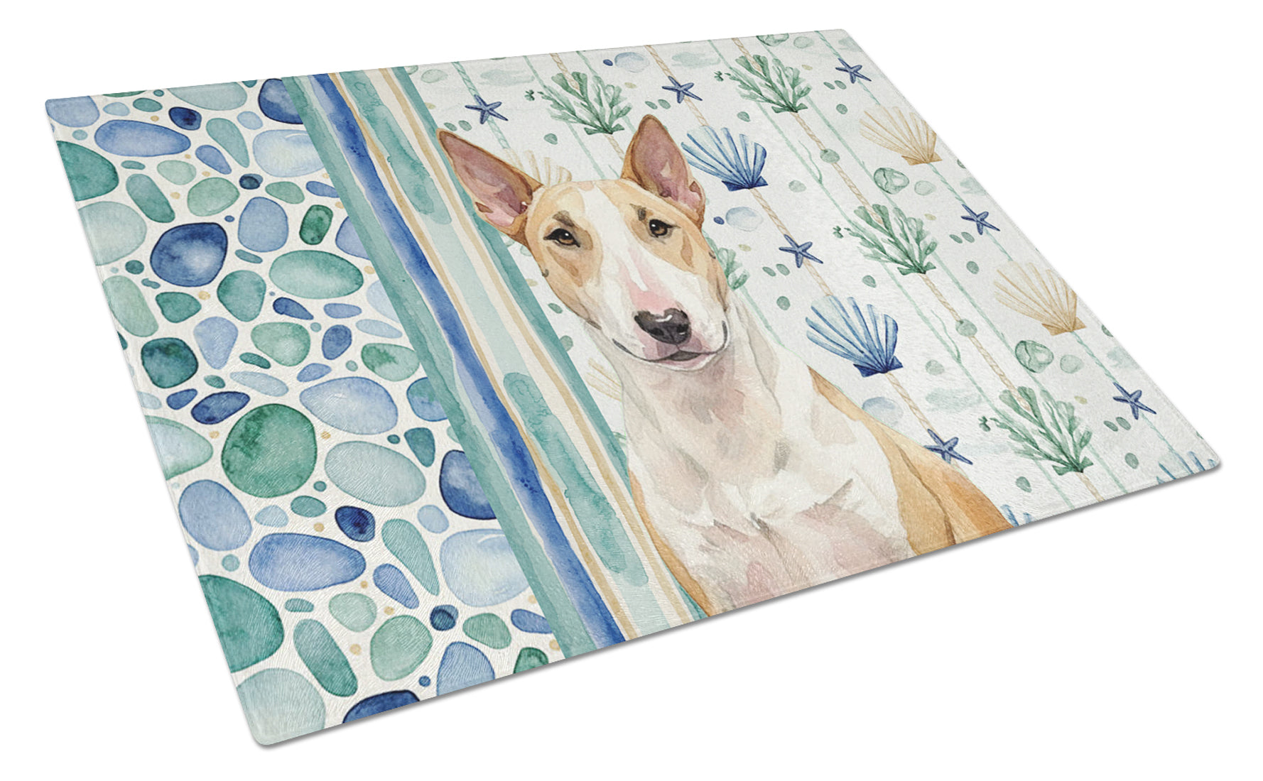 Fawn and White Bull Terrier Coastal Sea Glass Cutting Board Tempered Glass Kitchen Cutting Surface, Heat Resistant Chopping, Non-Slip Feet, Food Prep & Serving