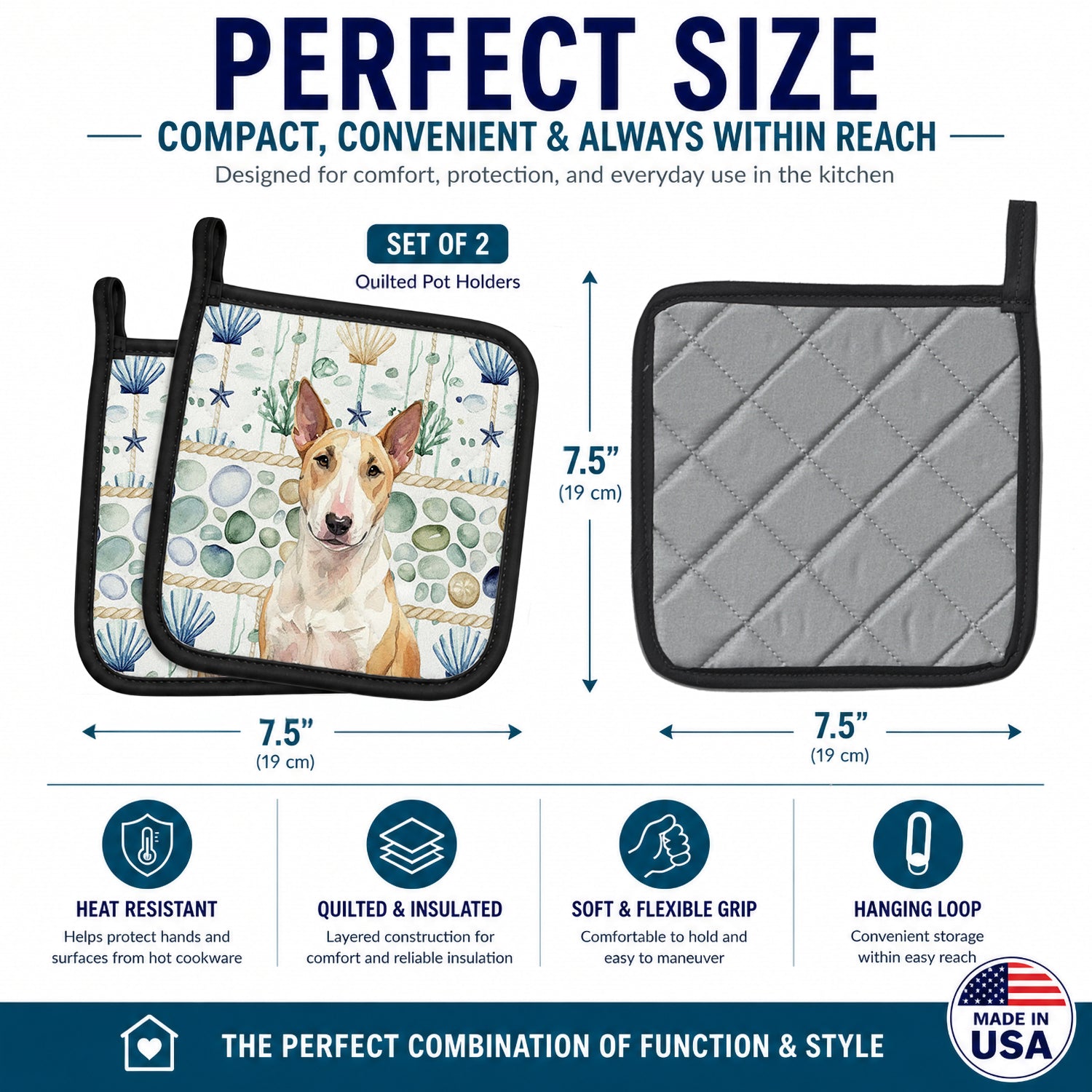 Fawn and White Bull Terrier Coastal Sea Glass Pot Holder Set of 2 Heat Resistant Quilted Hot Pads 7.5 x 7.5 Inch, Insulated Kitchen Trivets for Cooking & Baking