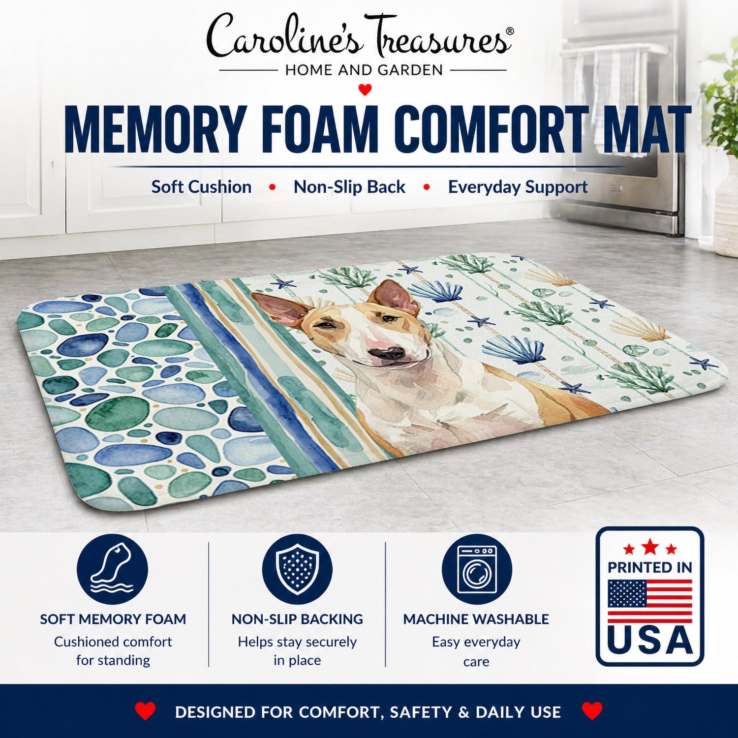 Fawn and White Bull Terrier Coastal Sea Glass Memory Foam Kitchen Mat Machine Washable Anti-Fatigue Cushion Comfort Bath or Kitchen Rug