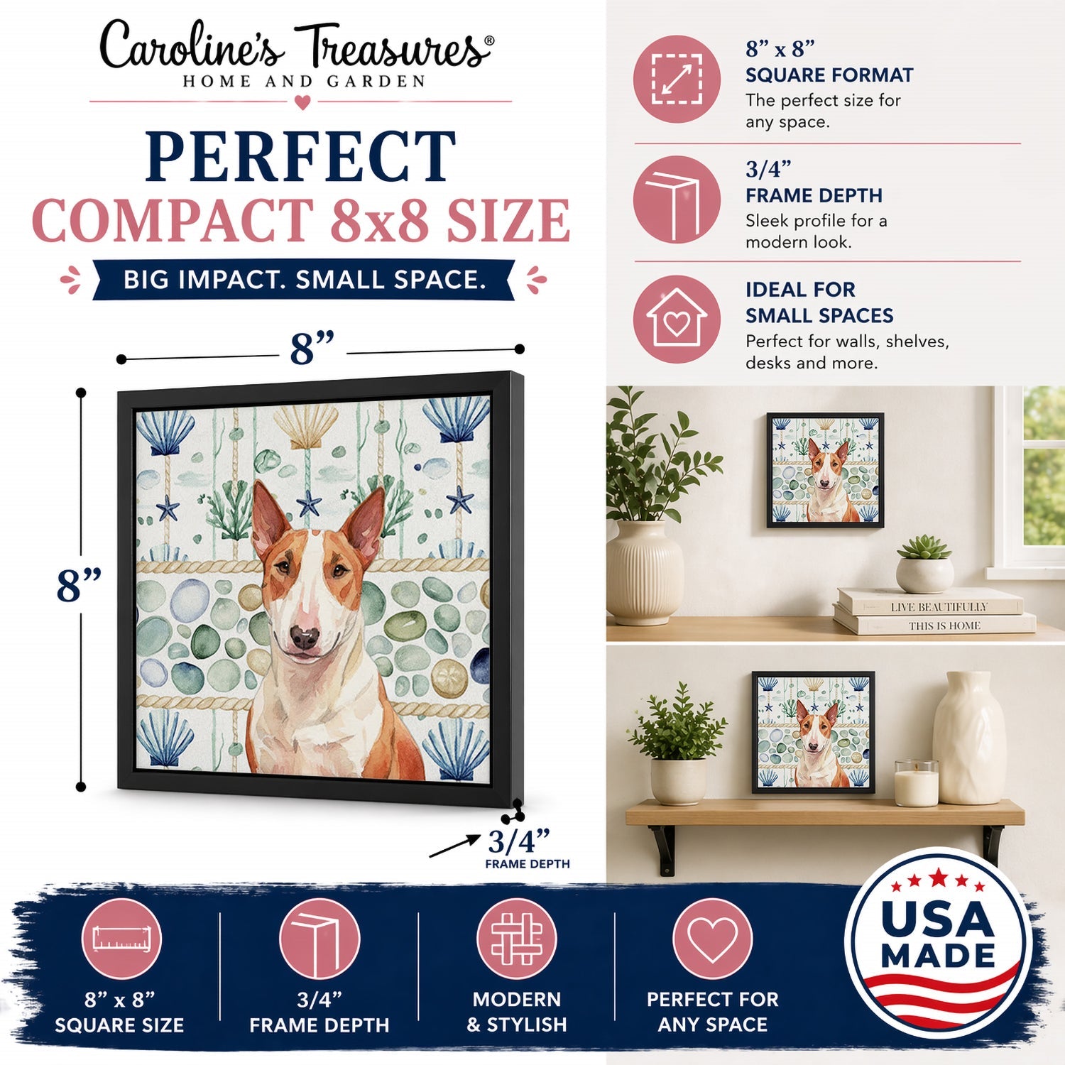 Red and White Bull Terrier Coastal Sea Glass Framed Metal Print Bathroom, Kitchen, Office, Home Decor Wall Art Ready to Hang, Square, 8X8