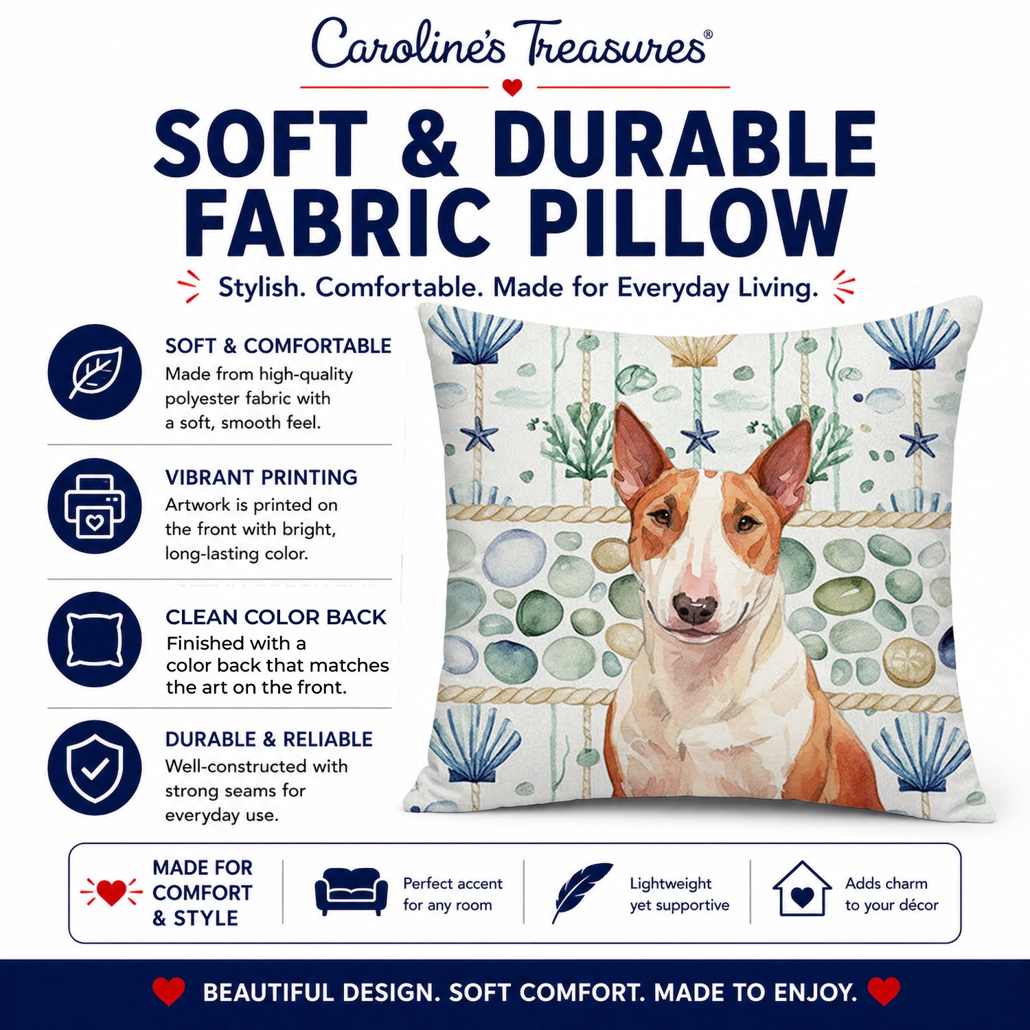 Red and White Bull Terrier Coastal Sea Glass Decorative Throw Pillow 14x14 Indoor Outdoor Accent Cushion, Fabric Cover with Insert for Sofa, Bed, Porch & Living Room