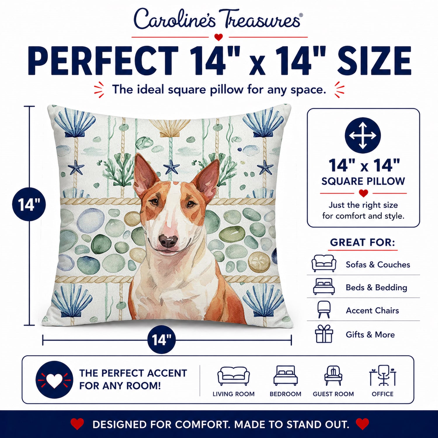 Red and White Bull Terrier Coastal Sea Glass Decorative Throw Pillow 14x14 Indoor Outdoor Accent Cushion, Fabric Cover with Insert for Sofa, Bed, Porch & Living Room