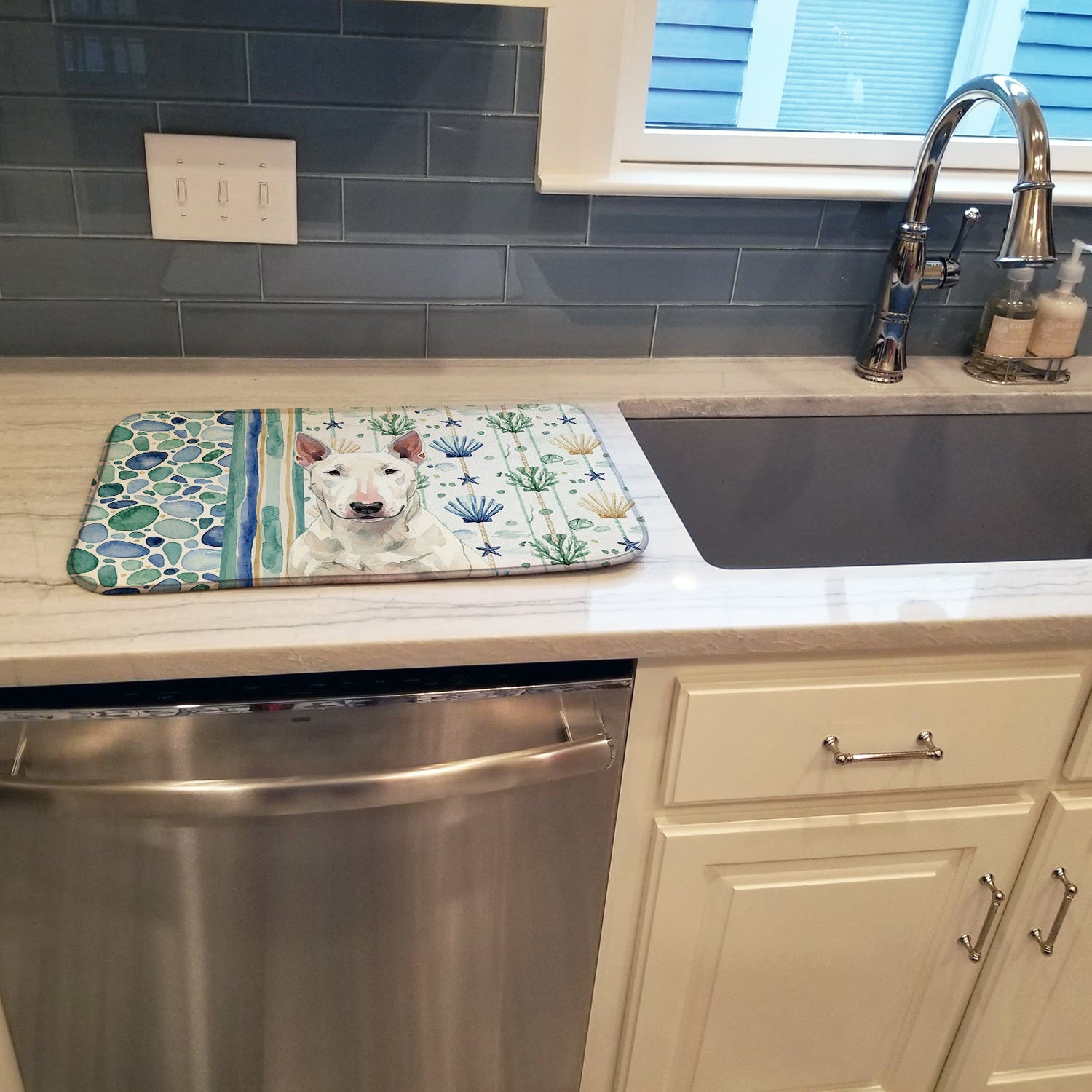 White Bull Terrier Coastal Sea Glass Dish Drying Mat Absorbent Dish Drying Mat Pad for Kitchen Counter Dish Drainer Mat for Countertop, 14 x 21", Multicolor