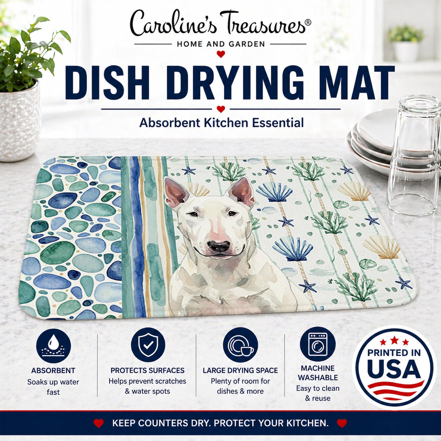 White Bull Terrier Coastal Sea Glass Dish Drying Mat Absorbent Dish Drying Mat Pad for Kitchen Counter Dish Drainer Mat for Countertop, 14 x 21", Multicolor