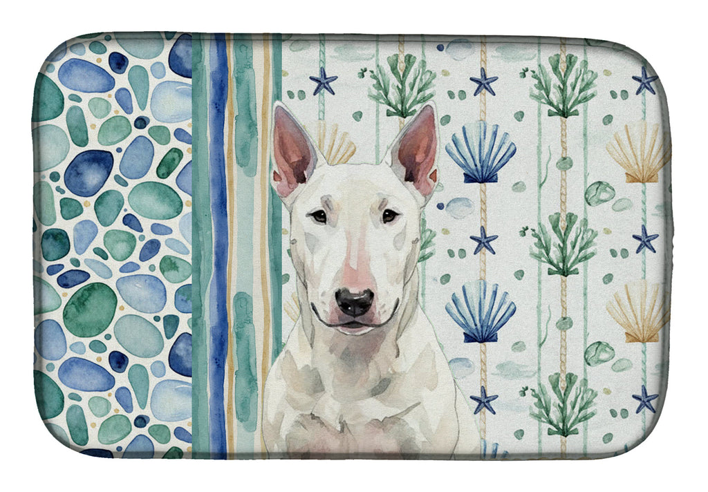 White Bull Terrier Coastal Sea Glass Dish Drying Mat Absorbent Dish Drying Mat Pad for Kitchen Counter Dish Drainer Mat for Countertop, 14 x 21", Multicolor