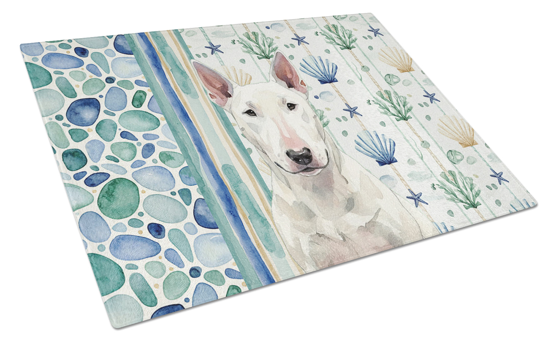 White Bull Terrier Coastal Sea Glass Cutting Board Tempered Glass Kitchen Cutting Surface, Heat Resistant Chopping, Non-Slip Feet, Food Prep & Serving