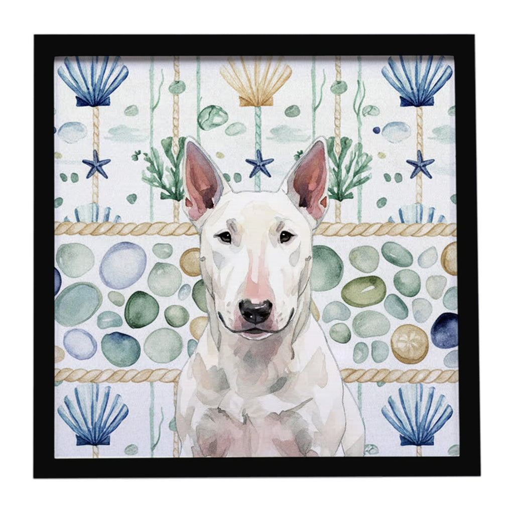 White Bull Terrier Coastal Sea Glass Framed Metal Print Bathroom, Kitchen, Office, Home Decor Wall Art Ready to Hang, Square, 8X8
