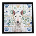 White Bull Terrier Coastal Sea Glass Framed Metal Print Bathroom, Kitchen, Office, Home Decor Wall Art Ready to Hang, Square, 8X8