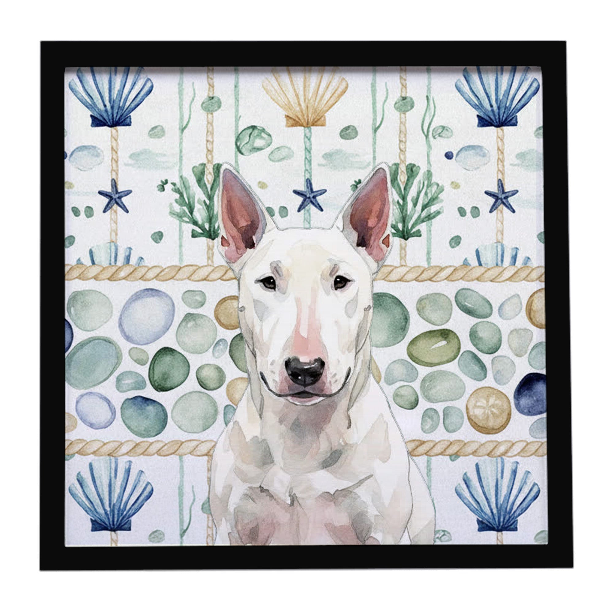 White Bull Terrier Coastal Sea Glass Framed Metal Print Bathroom, Kitchen, Office, Home Decor Wall Art Ready to Hang, Square, 8X8