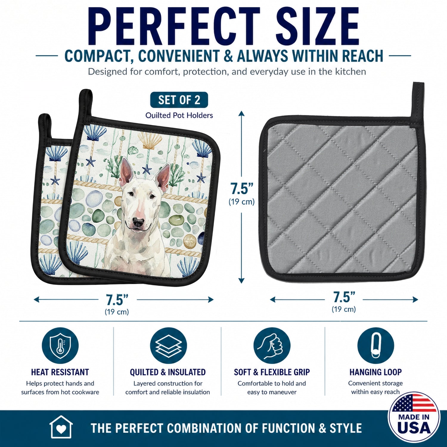 White Bull Terrier Coastal Sea Glass Pot Holder Set of 2 Heat Resistant Quilted Hot Pads 7.5 x 7.5 Inch, Insulated Kitchen Trivets for Cooking & Baking