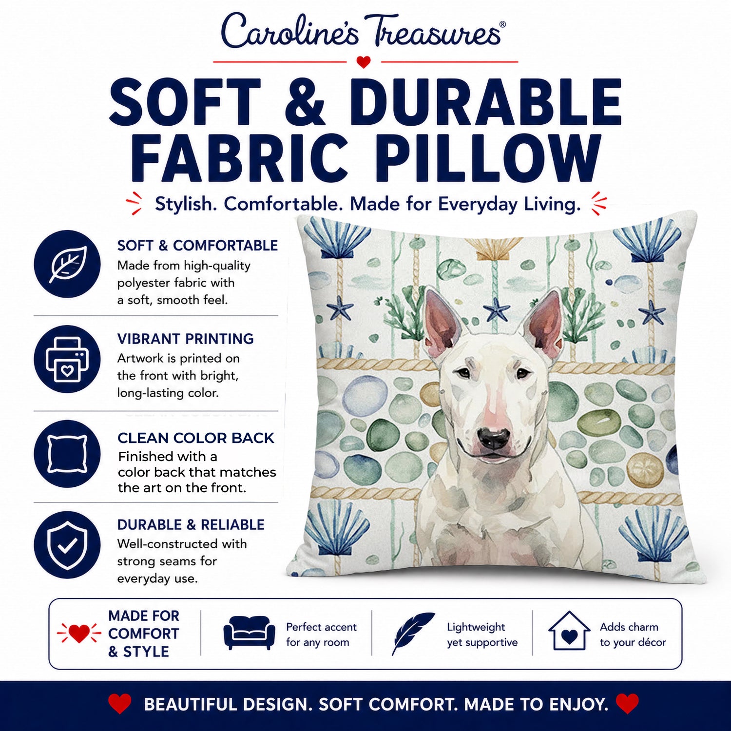 White Bull Terrier Coastal Sea Glass Decorative Throw Pillow 14x14 Indoor Outdoor Accent Cushion, Fabric Cover with Insert for Sofa, Bed, Porch & Living Room