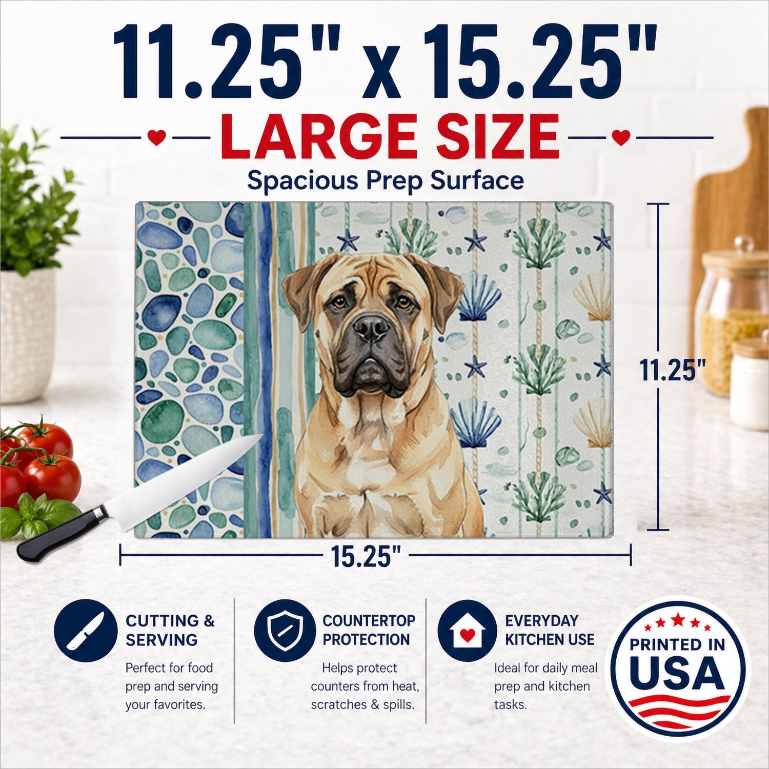 Bullmastiff Coastal Sea Glass Cutting Board Tempered Glass Kitchen Cutting Surface, Heat Resistant Chopping, Non-Slip Feet, Food Prep & Serving