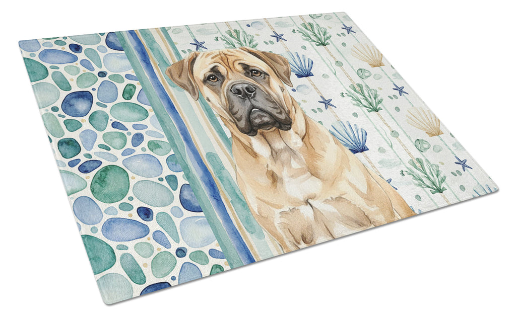 Bullmastiff Coastal Sea Glass Cutting Board Tempered Glass Kitchen Cutting Surface, Heat Resistant Chopping, Non-Slip Feet, Food Prep & Serving